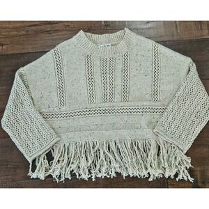 BOHO Cabincore Oversized Confetti Knit Fringe Sweater Tan Pullover M